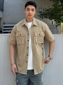 DAZY Summer Khaki Pocket Drawstring Decorated Men's Outdoor Shirt