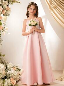 花童高档缎面吊带蝴蝶结长裙，正式礼服，适合婚礼、派对、生日、表演 - 粉色 - 查看 7