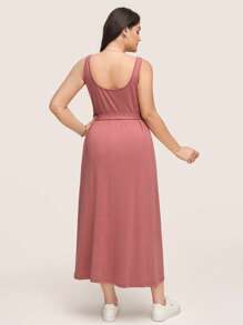 Comfylo Đầm cotton mùa hè thiết kế nút màu trơn cỡ lớn cho nữ không tay cổ vuông giản dị - Hồng - Xem 6