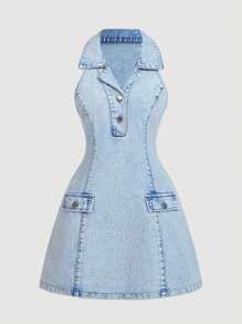 SHEIN MOD Vestido corto de mezclilla para mujer, informal con cuello de halter ajustado, color azul