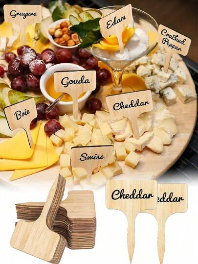 10pcs Reusable Wooden Fruit And Dessert Square Label Sticks, DIY Cheese Name Tag, Perfect For Parties, Weddings, Birthdays, And Buffet Table Decoration,Christmas
