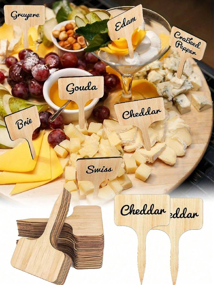 10pcs Reusable Wooden Fruit And Dessert Square Label Sticks, DIY Cheese Name Tag, Perfect For Parties, Weddings, Birthdays, And Buffet Table Decoration,Christmas