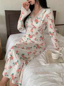 DAZY 春季浪漫花卉印花蕾丝花边松紧腰荷叶边袖睡袍睡衣