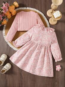 SHEIN 2pcs/Set Young Girl Floral Print Ruffle Trim Cardigan Jacket And Tiered Collar Dress - Pink - View 2
