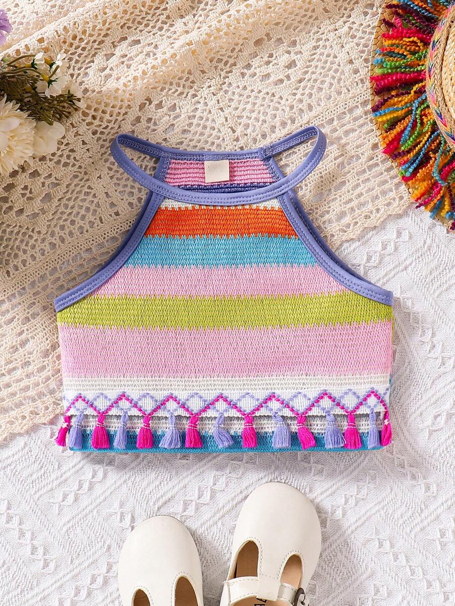 SHEIN Top fără mâneci cu bretele împletite curcubeu colorat pentru fete, potrivit pentru zi de zi, festival, vacanță și vacanță