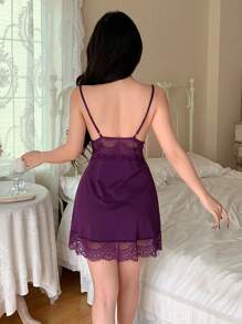 女士时尚前系带性感蕾丝吊带背心睡衣 - 紫色 - 查看 2