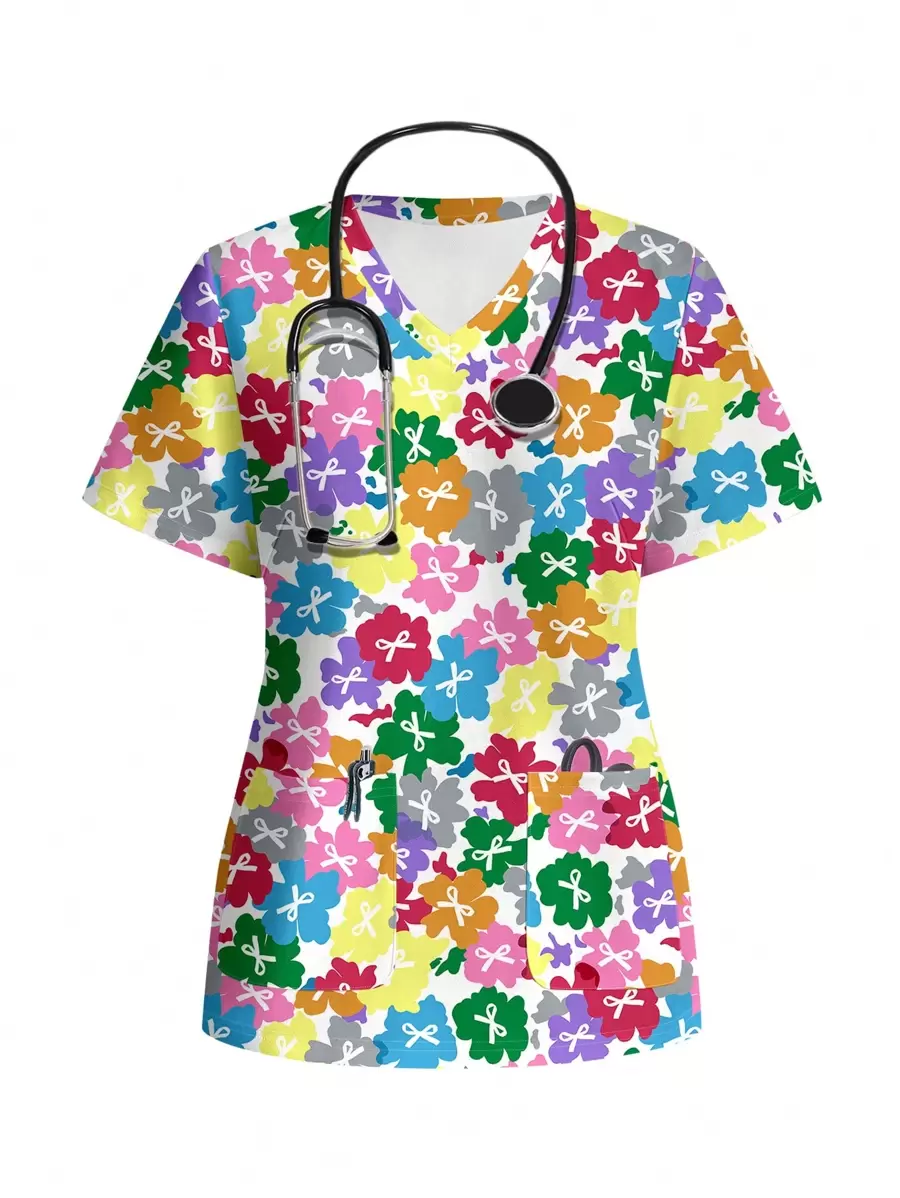 PopScrub Casual Minimalist Bow Design Scrub Uniform Top - White - View 1