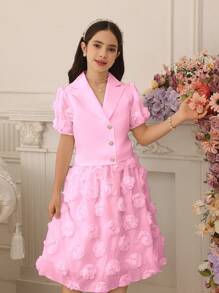 Tween Girl Pearl Button Collar Puff Sleeve Shirt And Cutwork Skirt Two Pieces Set - Pink - View 7