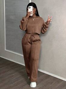 Slaydiva 2件套女士休闲街头风酸洗蓝绿色长袖上衣和宽松长裤套装，2025新款，假日穿搭 - 棕色 - 查看 4