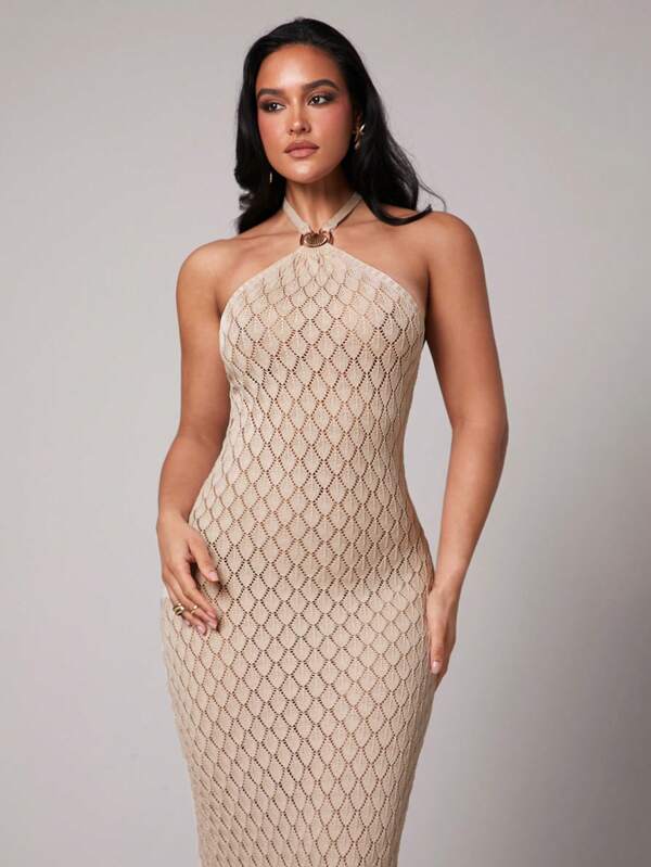 Silquee Women's Apricot Crochet Hollow-Out Open Back Elastic Metal Buckle Strap Fitted Maxi Dress, For Spring Vacation, Sisterhood Gathering, Spring Break, Going Out, Pool Party, European Vacation, Holiday Outfit, Cabin Party, Casual Wear,Club Sexy Summer Outfits, St Patrick Day/Saint Patrick Dress,Western Wear,Rave Outfits Festival,Country Concert Nashville Outfits,Slim Fit Women Sexy Metallic Shell Halter Crochet Backless Dress