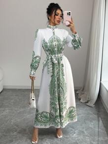 Chiquease Long Sleeve Dress With Belt, White Location Print, Button-Down Shirt Style Vacation Dress For Women Fall Cloth For Women - Green - View 5