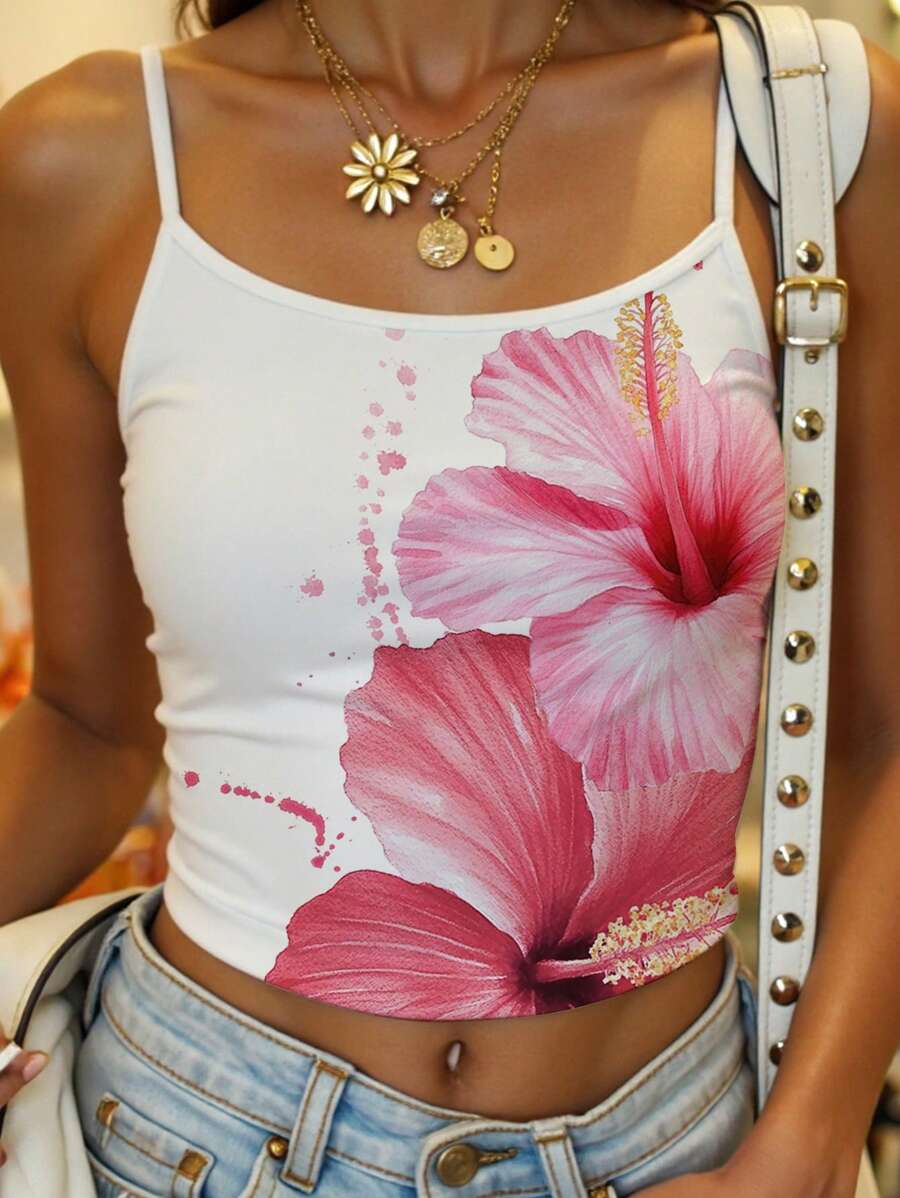 SHEIN EZwear 女装夏季度假新款水彩芙蓉花卉印花休闲性感吊带背心紧身吊带背心 - 白色 - 查看 1