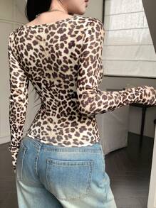 DAZY Women's Lace Patchwork Leopard Print Long Sleeve Fitted T-Shirt,Fall Clothes - Apricot - View 5