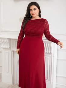 Modelyn Váy dài trang trí ren đơn giản in họa tiết ngẫu nhiên cỡ lớn màu đỏ tía cho nữ, váy dạ hội thanh lịch, váy dạ hội dài - Màu Đỏ Sâu - Xem 3