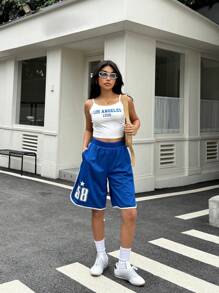SHEIN Teen Girl Solid Color Letter Print Cami Top And Loose Shorts 2 Pieces Set, Casual