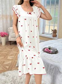 CottageSlumber Women's Ruffled Layered Cap Sleeve Cherry Print Nightgown Babydoll Holiday Season, Cozy And Elegant Details - Red - View 5