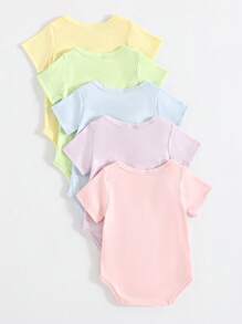 SHEIN Playful Pals 5件套女婴柔软舒适马卡龙色露肩短袖连体衣，百搭休闲日常春夏装 - 彩色 - 查看 2