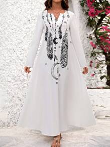 SHEIN PETITE Women Feather Print V-Neck Casual Maxi Dress