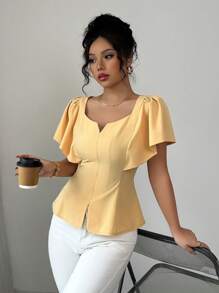 Elenzga Chemise à manches courtes élégante et cintrée à la taille, de couleur unie, simple et , convenant pour l'été - Jaune citron - Voir 4