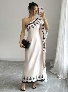 Elenzga Vestido largo con estampado floral y cuello asimétrico elegante para mujeres