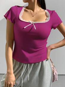 Calvaya Maglietta casual da donna taglie forti con maniche corte, decorata con pizzo a contrasto e fiocco