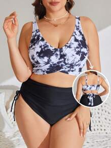 SHEIN Swim Curve Plus Size Women 2 Pieces Swimwear Set With Tie-Dye Printed Top With Bow And Solid Color Drawstring Shorts, Suitable For Resort, Beach, Pool