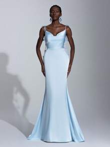 SHEIN Belle Elegant Light Blue Satin Spaghetti Strap Plunging Back Flowing Ribbon Mermaid Bridesmaid Dress