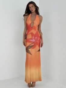 Aloruh Sexy & Romantic Floral Backless Dress  Summer Summer Outfits Summer Clothes Beach Outfits For Woman  Beach Vacation Vacation Outfits Woman Boho  Tropical Vacation Woman Clothe  Floral    Tropical Vacation Woman Clothe Ruffle - Orange - View 3