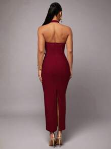 Silquee 象牙色浪漫情人节和约会之夜度假亚麻褶皱下摆挂脖连衣裙、亚麻情人节连衣裙、派对连衣裙、浪漫约会连衣裙、伴娘礼服、婚宴礼服、通勤连衣裙、白色连衣裙、生日派对连衣裙、度假礼服、舞会礼服、长款紧身连衣裙、女式长裙、办公室服装、女士工作服、红色连衣裙、露背连衣裙 - 酒紅色 - 查看 2