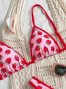 Swim Mod Strawberry Print Triangle Cup Halter Top And High Cut Bikini Bottoms 2 Pieces Bikini Set Set For Beach Vacation For Summer - Pink - View 4