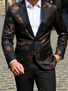 Manfinity Mode Men's Floral Jacquard Lapel Neck Jacket And Trousers Suit, Flowered Men Blazer