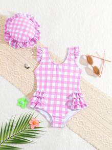 SHEIN Baby Girl One-Piece Swimsuit, Random Print With Ruffles, No Lock Edges, Free Swim Cap - Multicolor - View 1