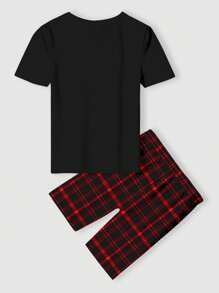 Tween Boy's Cartoon Bear Pattern Casual Minimalist Snug Fit Short Sleeve & Shorts Pajama Set, Comfortable For Spring/Summer - Multicolor - View 2