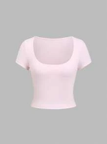 Sweetra 女士性感纯色低领修身短袖 T 恤 - 彩色 - 查看 6