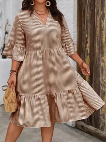SHEIN Clasi Plus Size Women Striped V-Neck Flare Sleeve Ruffle Hem Casual Dress - Brown - View 5