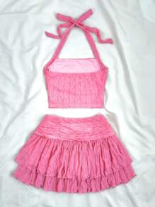 SHEIN Teen Girl White Knitted Slim Fit Stretchy V-Neck Spaghetti Strap Top With Open Back And Pleated Double Layer Hem Skirt Casual Vacation 2 Pieces Set, Backless, Ruched, Tiered Layer Sleeveless Slim Fit White Skirt Two Pieces Outfits, Spring/Summer, Casual Daily Wear - Pink - View 2