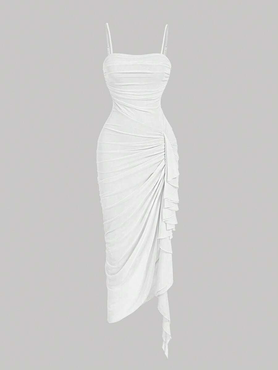 SHEIN MOD 女士纯色褶饰不对称下摆吊带连衣裙 - 白色 - 查看 1