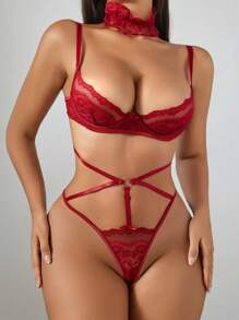 3pcs/Set Sexy Lingerie Set For Women, Lace Cutout Push Up See-Through Intimates
