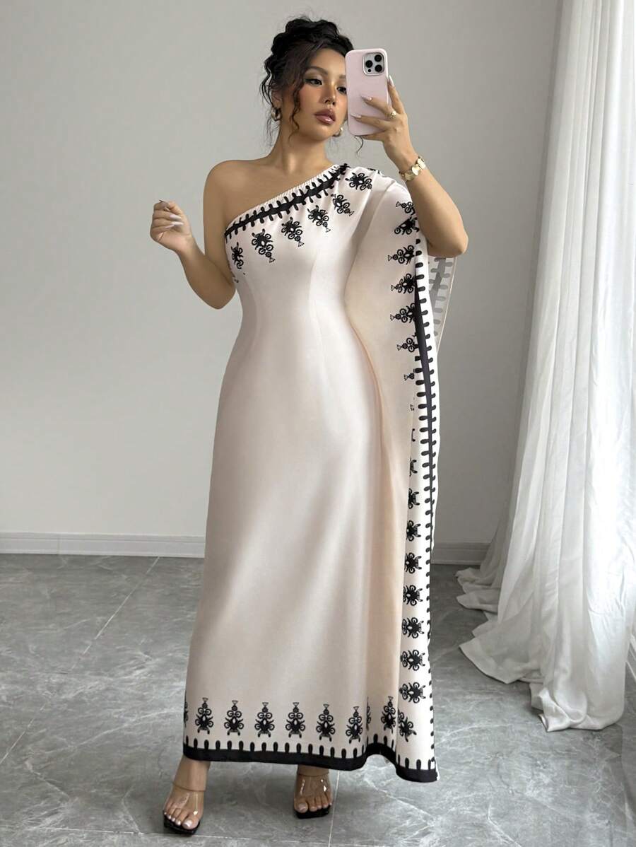 Elenzga Đầm dài họa tiết hoa cổ bất đối xứng thanh lịch dành cho nữ - Màu be - Xem 1