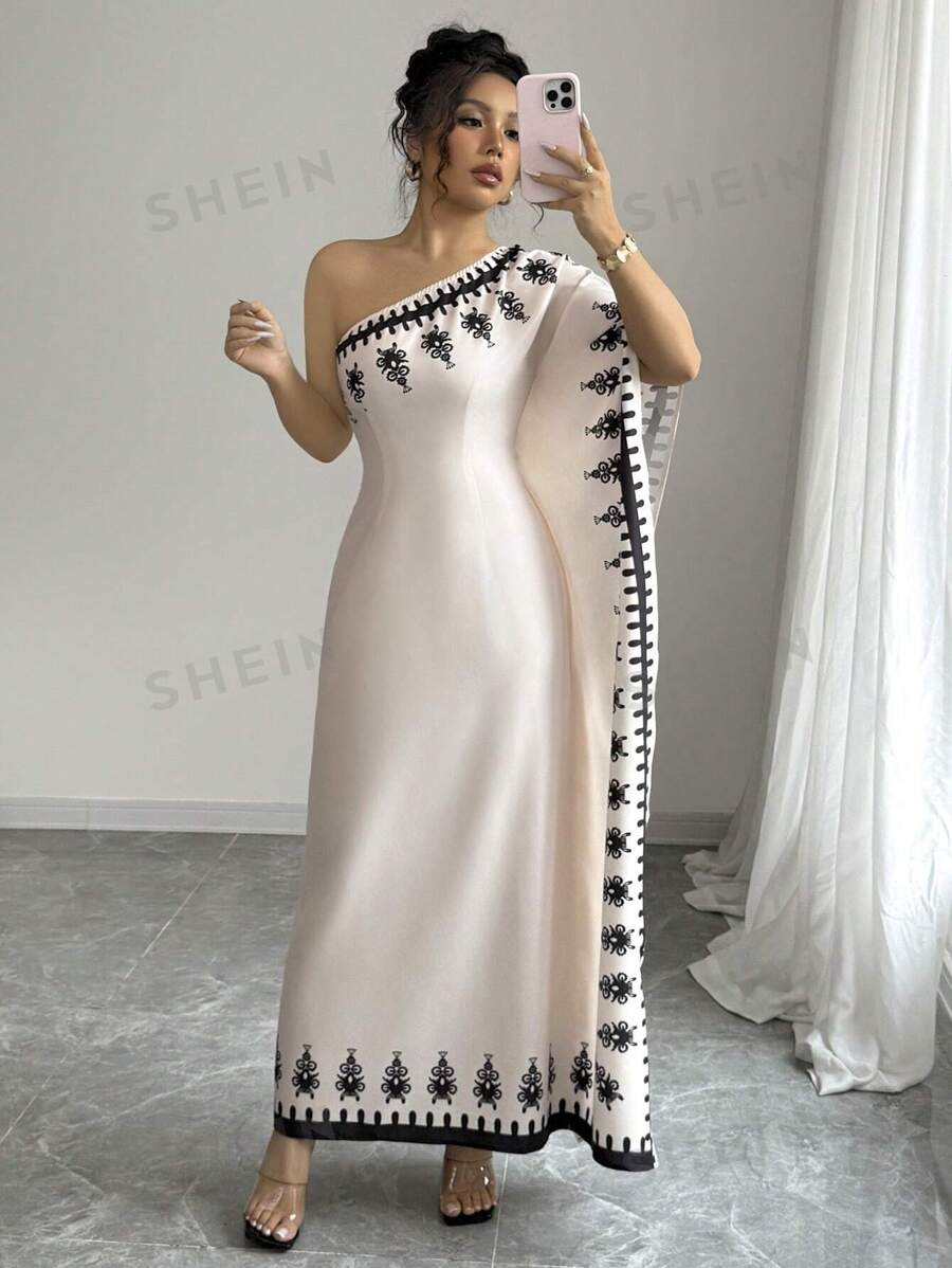 Elenzga Vestido largo con estampado floral y cuello asimétrico elegante para mujeres