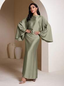 Veilorie Solid Color Long Sleeve Casual Long Arabic Style Dress Modest - Green - View 1