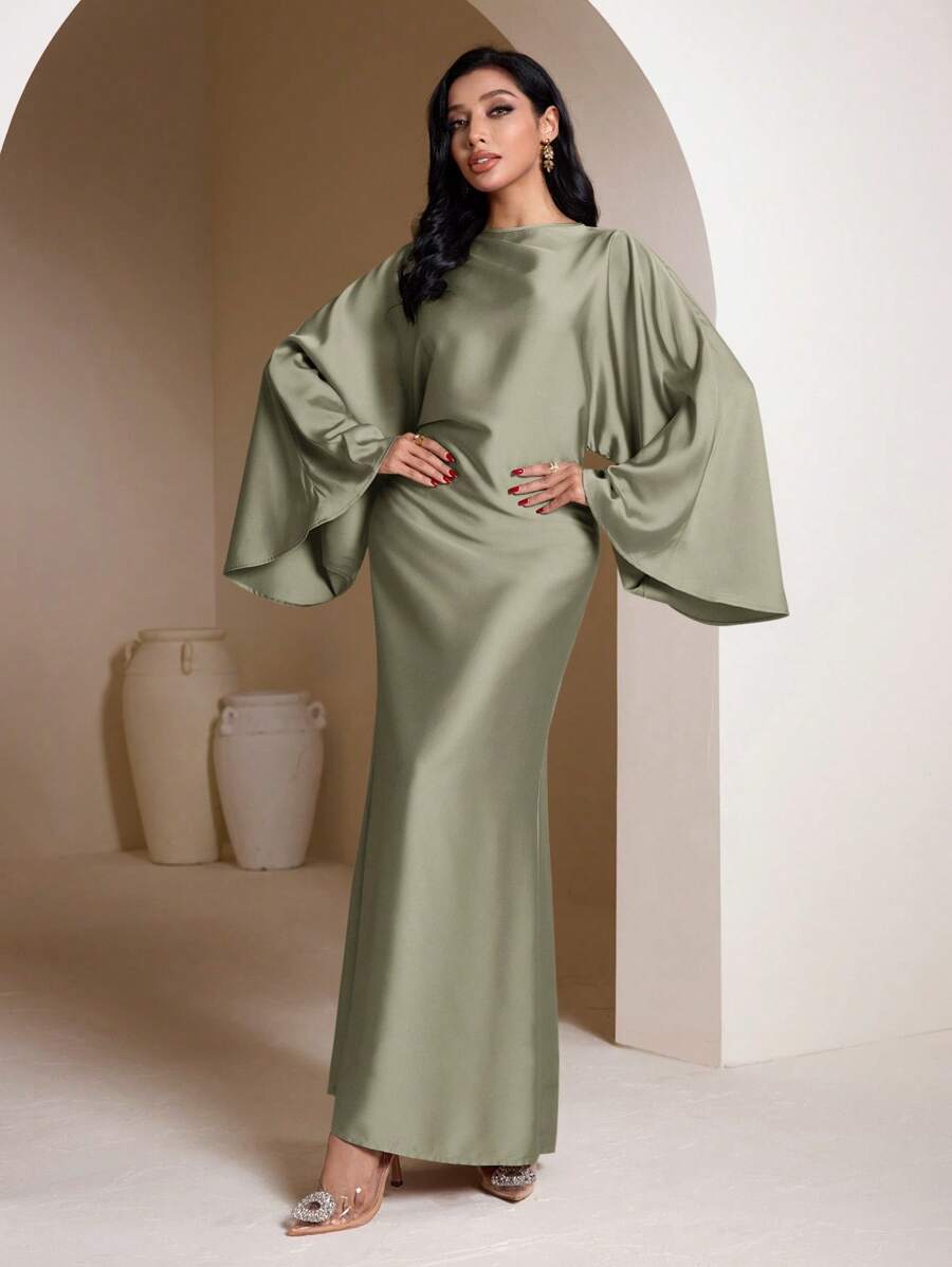Veilorie Solid Color Long Sleeve Casual Long Arabic Style Dress Modest - Green - View 1