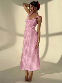 Aloruh 女士优雅荷叶边格子无袖连衣裙 - 彩色 - 查看 3