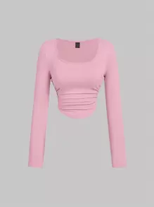 SHEIN MOD Áo thun trơn đơn giản đa năng thường ngày cho nữ có họa tiết nhún màu - Hồng - Xem 5