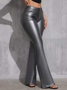 SHEIN Tall Women's Casual All-Match Low Waist Regular Black Coated Flare Pants, Spring/Autumn