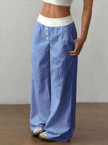 SHEIN Unity Women Striped Button Design Contrast Color Wide Leg Pants - Blue - View 5