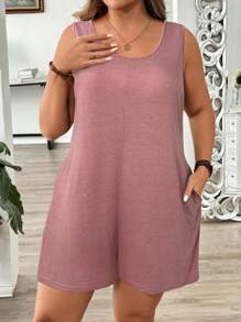 SHEIN LUNE 大码女式纯色圆领休闲连体裤，带口袋 - 藕粉色 - 查看 3