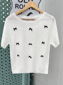 SHEIN EZwear Plus Size Women Crew Neck Short Sleeve Bow Decor Knit Top - White - View 2