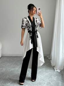 Elenzga Koszula w stylu Apricot Base Black Floral Print French Elegant Precision Swallowtail Hem Digital Print Long Vacation, wiosna/lato