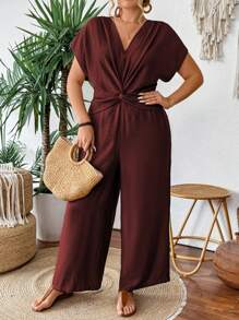 SHEIN Clasi Bộ đồ liền thân thẳng rộng rãi, thanh lịch, cổ chữ V, tay raglan, dáng rộng, đơn giản, thoải mái, dễ mặc, cỡ lớn dành cho nữ mùa xuân/hè - Màu đỏ tím - Xem 6